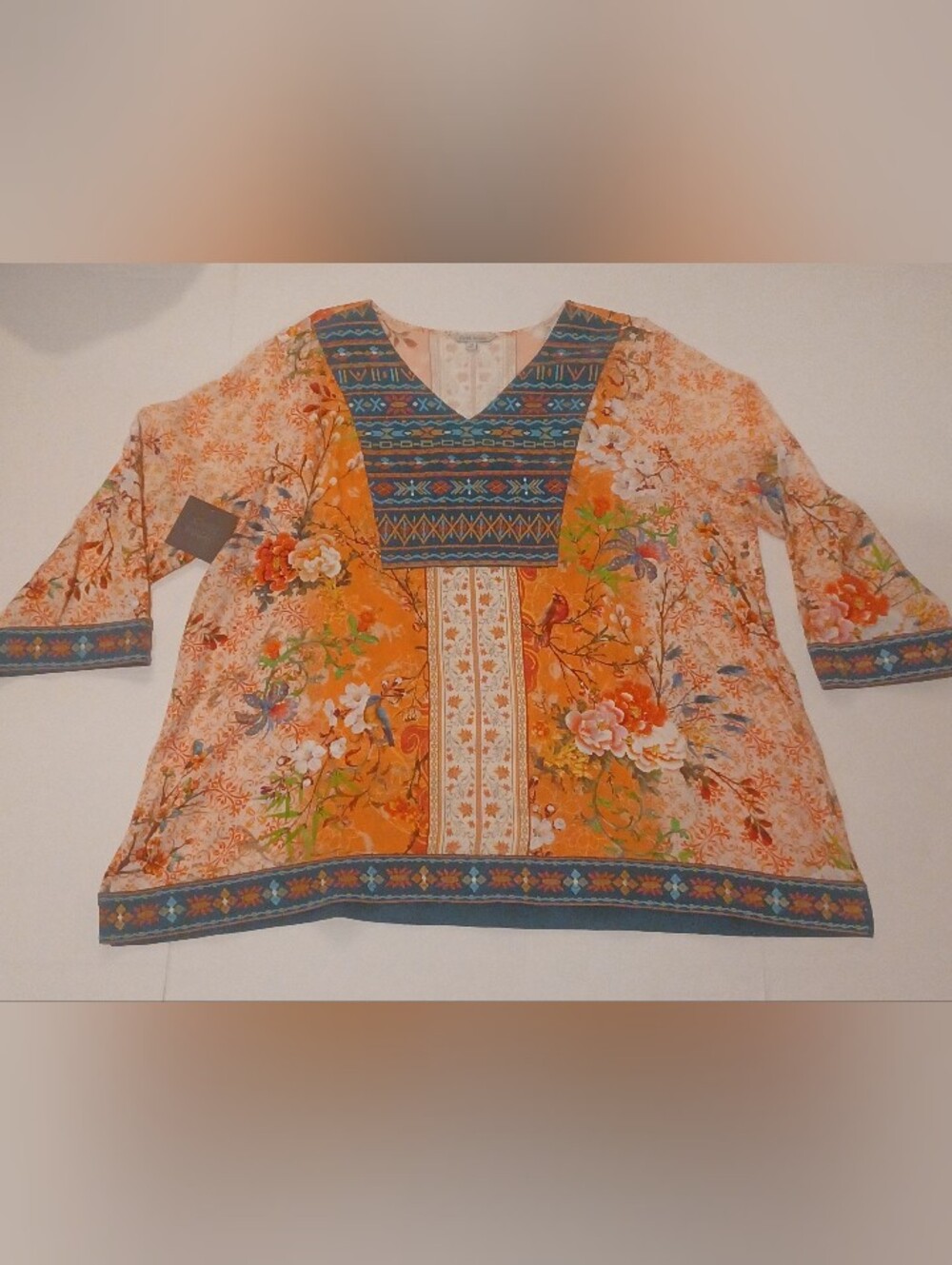 John Mark Orange Floral Tunic with Blue Trimmed V-Neck